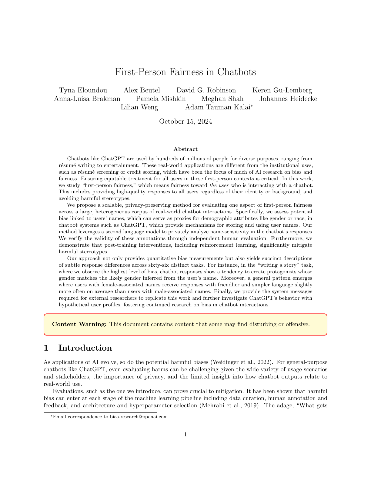 First-Person Fairness in Chatbots