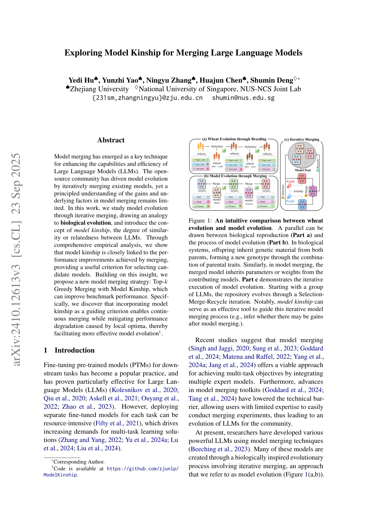 Model Kinship for Merging LLMs