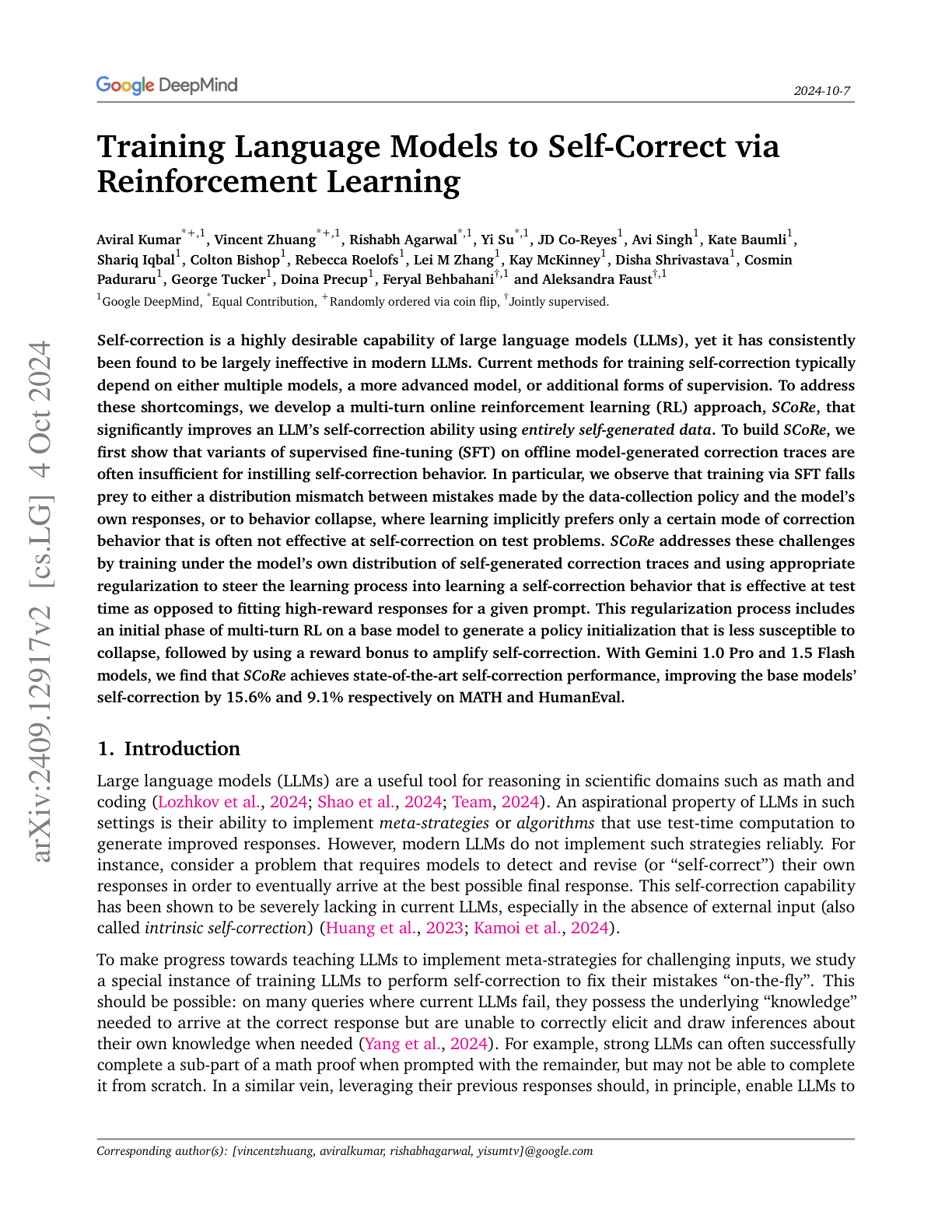 Training LLMs to Self-Correct via RL