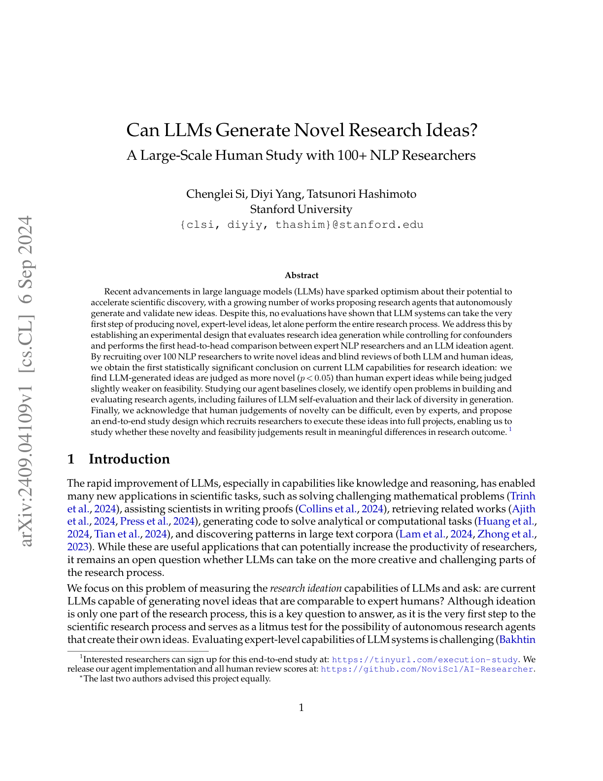 Can LLMs Generation Novel Research Ideas