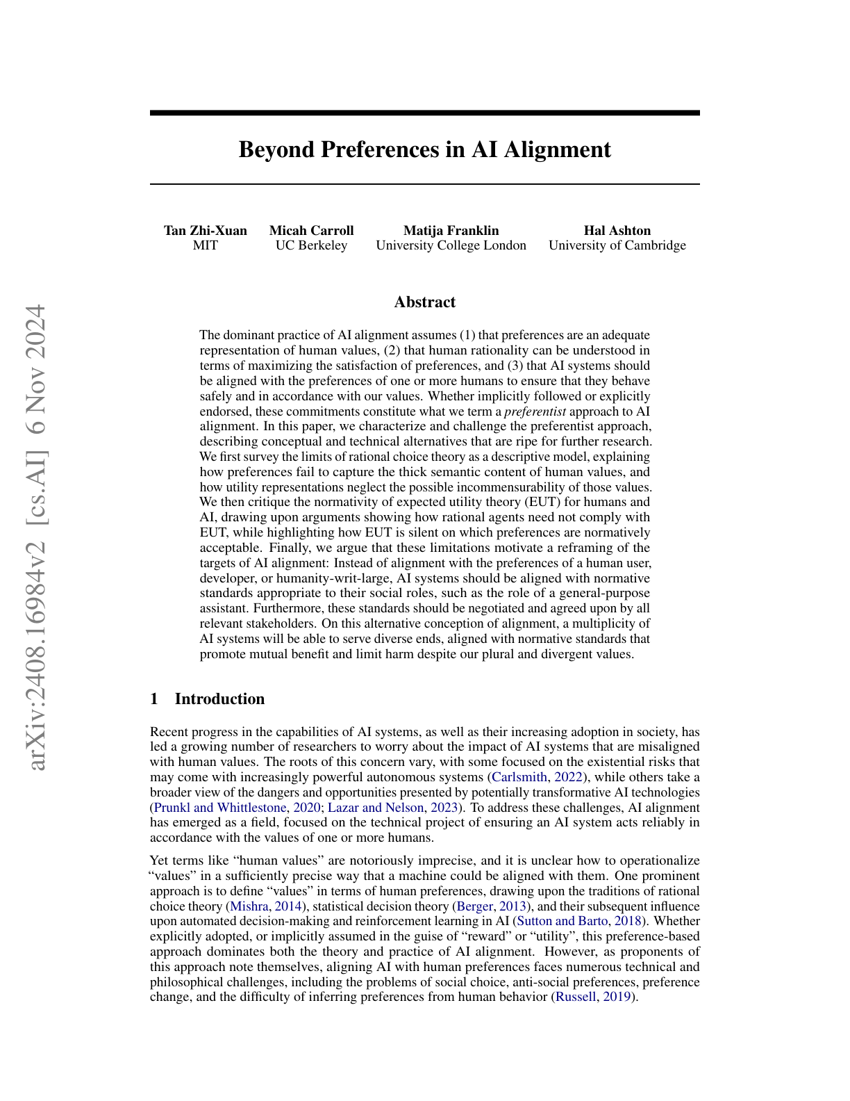 Beyond Preference in AI Alignment