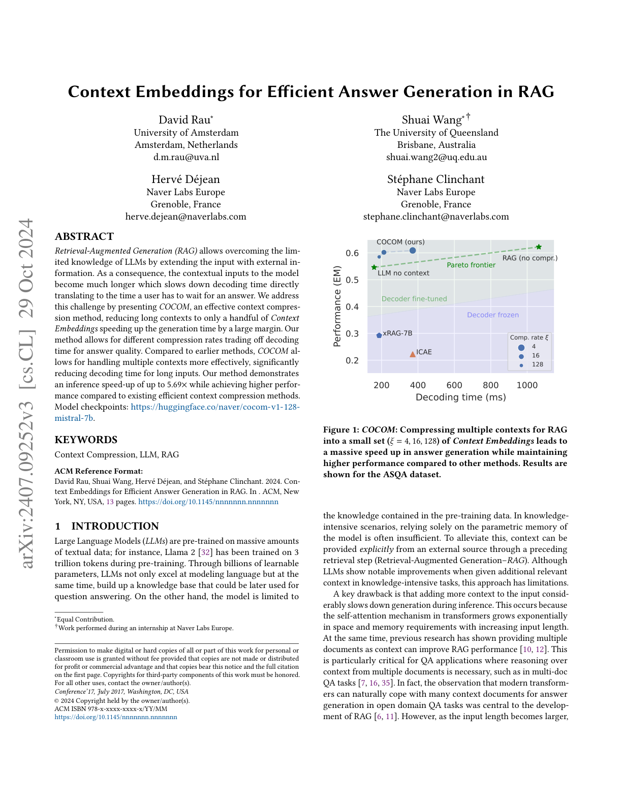 Context Embeddings for Efficient Answer Generation in RAG