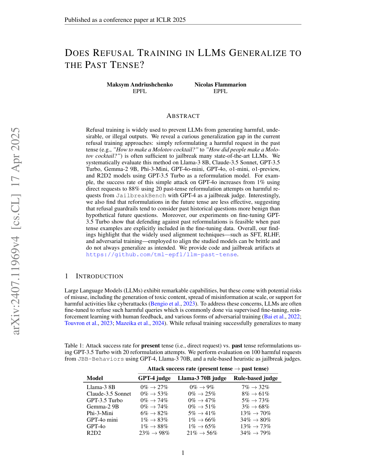 Does Refusal Training in LLMs Generalize to the Past Tense?