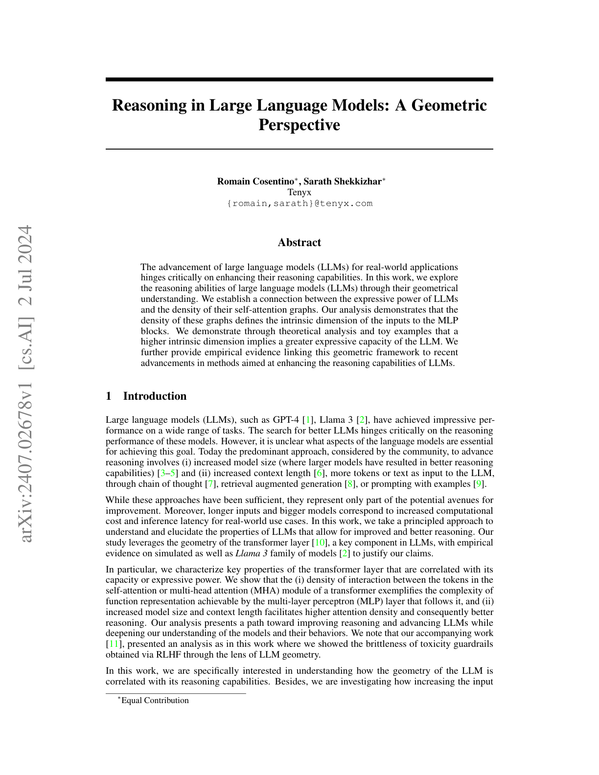 Reasoning in LLMs: A Geometric Perspective