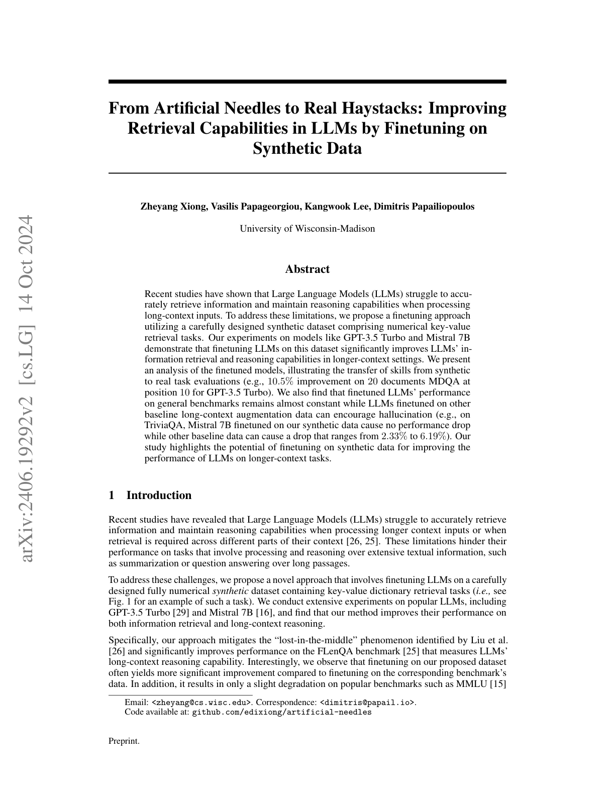 Improving Retrieval in LLMs through Synthetic Data