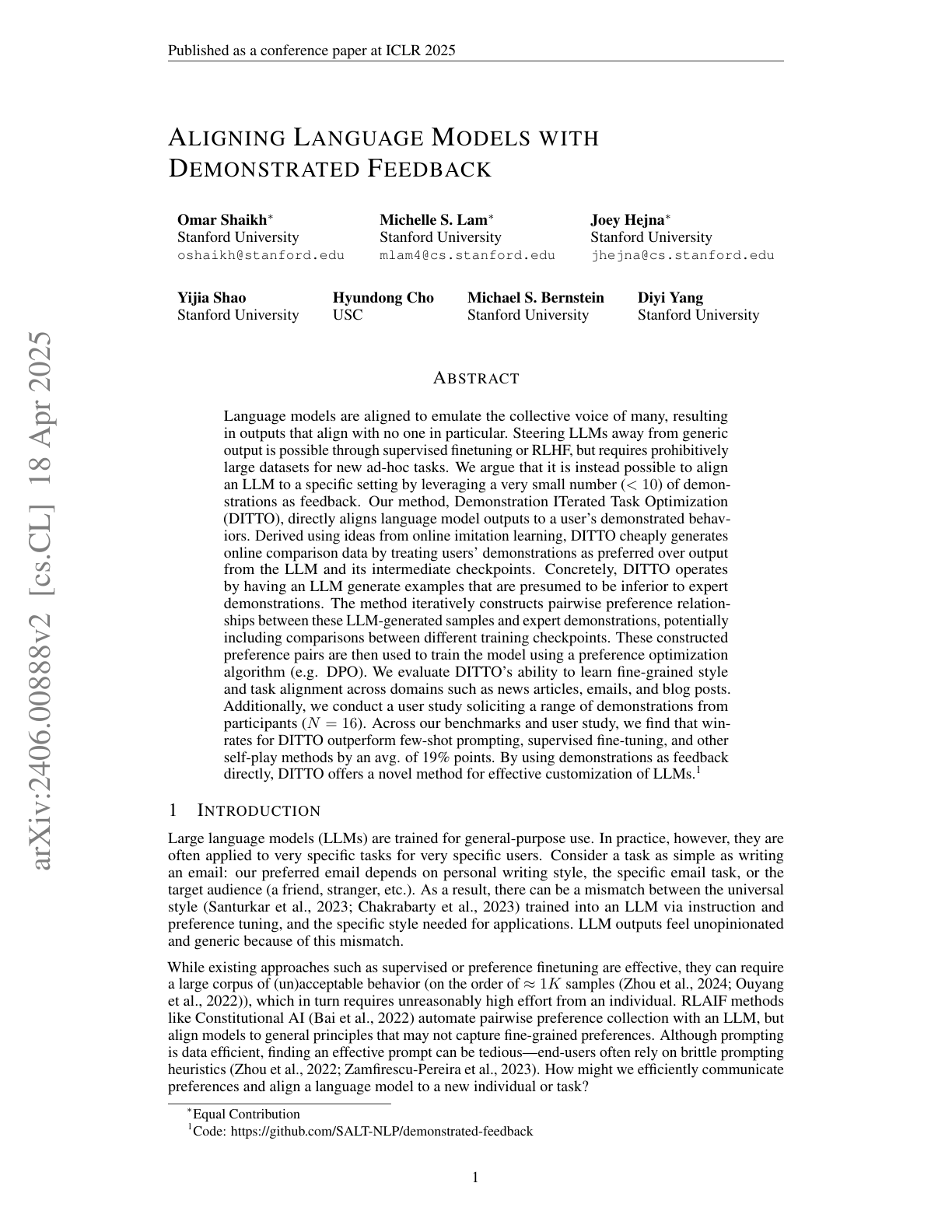 Aligning LLMs with Demonstrated Feedback