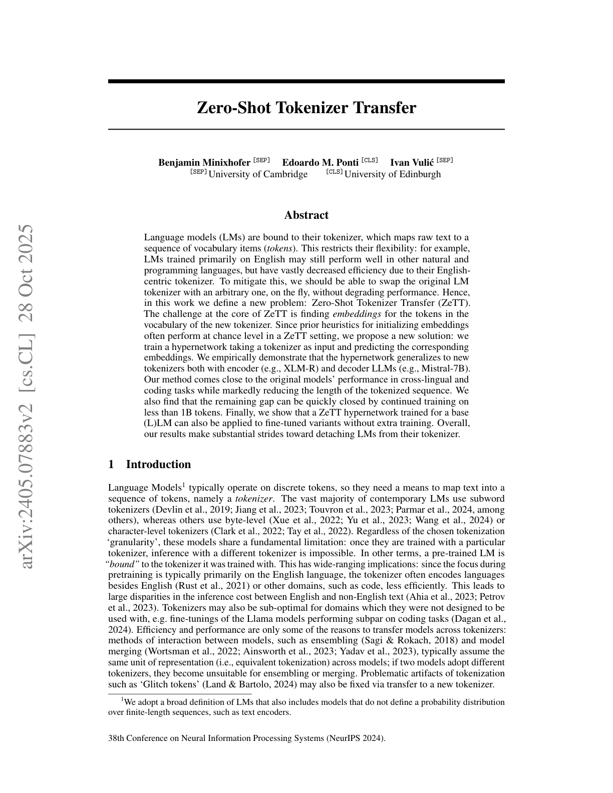 Zero-shot Tokenizer Transfer