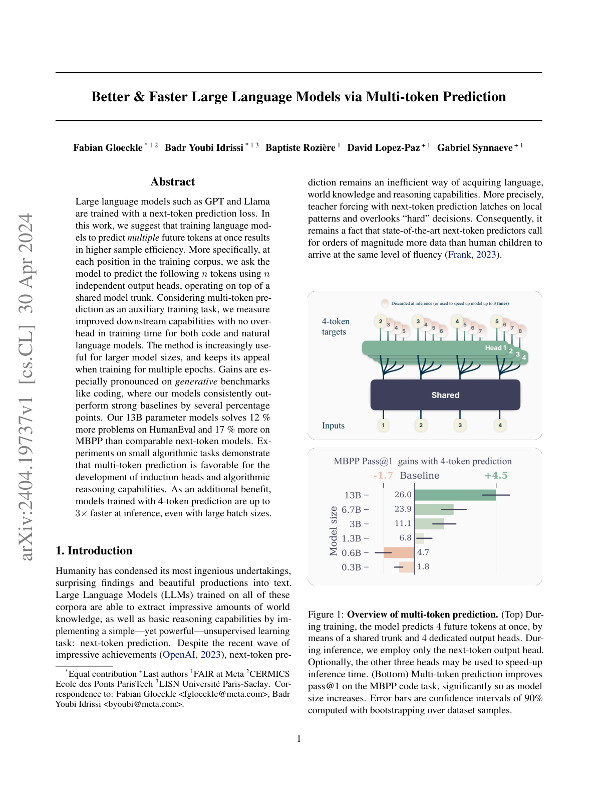 Better and Faster LLMs via Multi-token Prediction