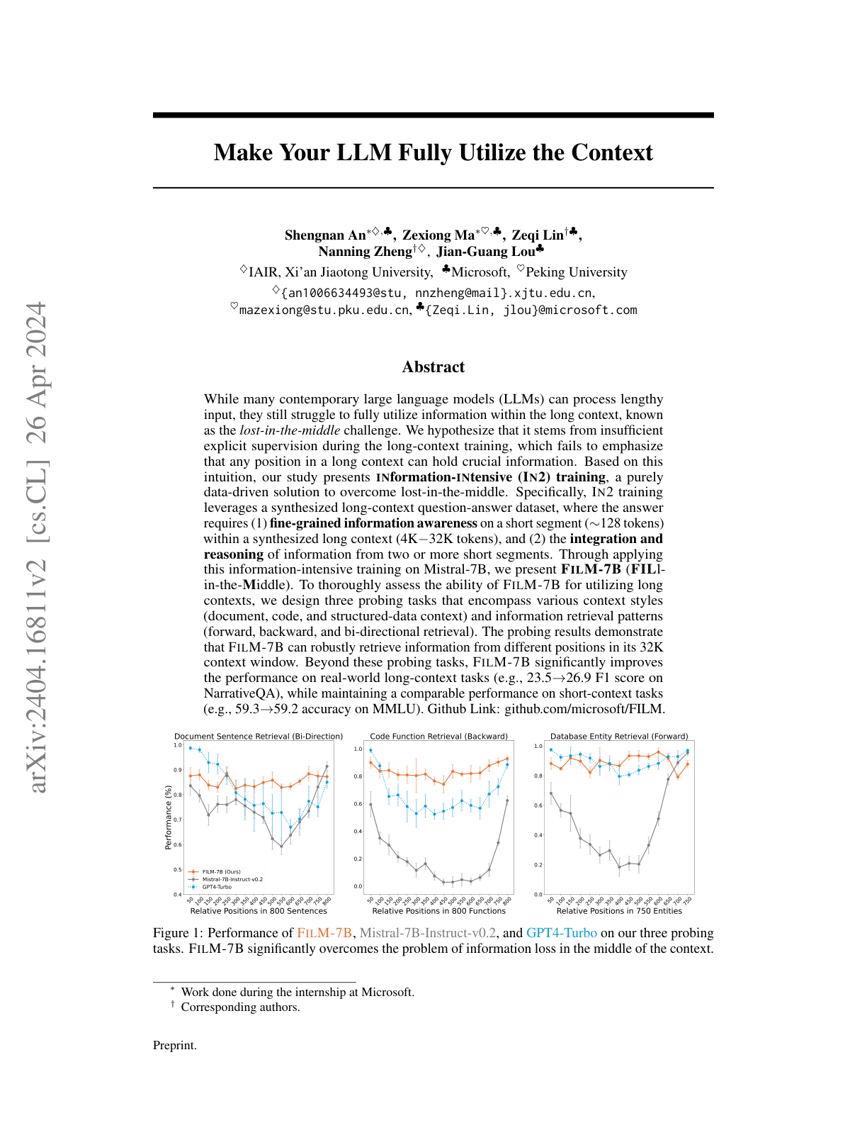 Make Your LLM Fully Utilize the Context (FILM-7B)