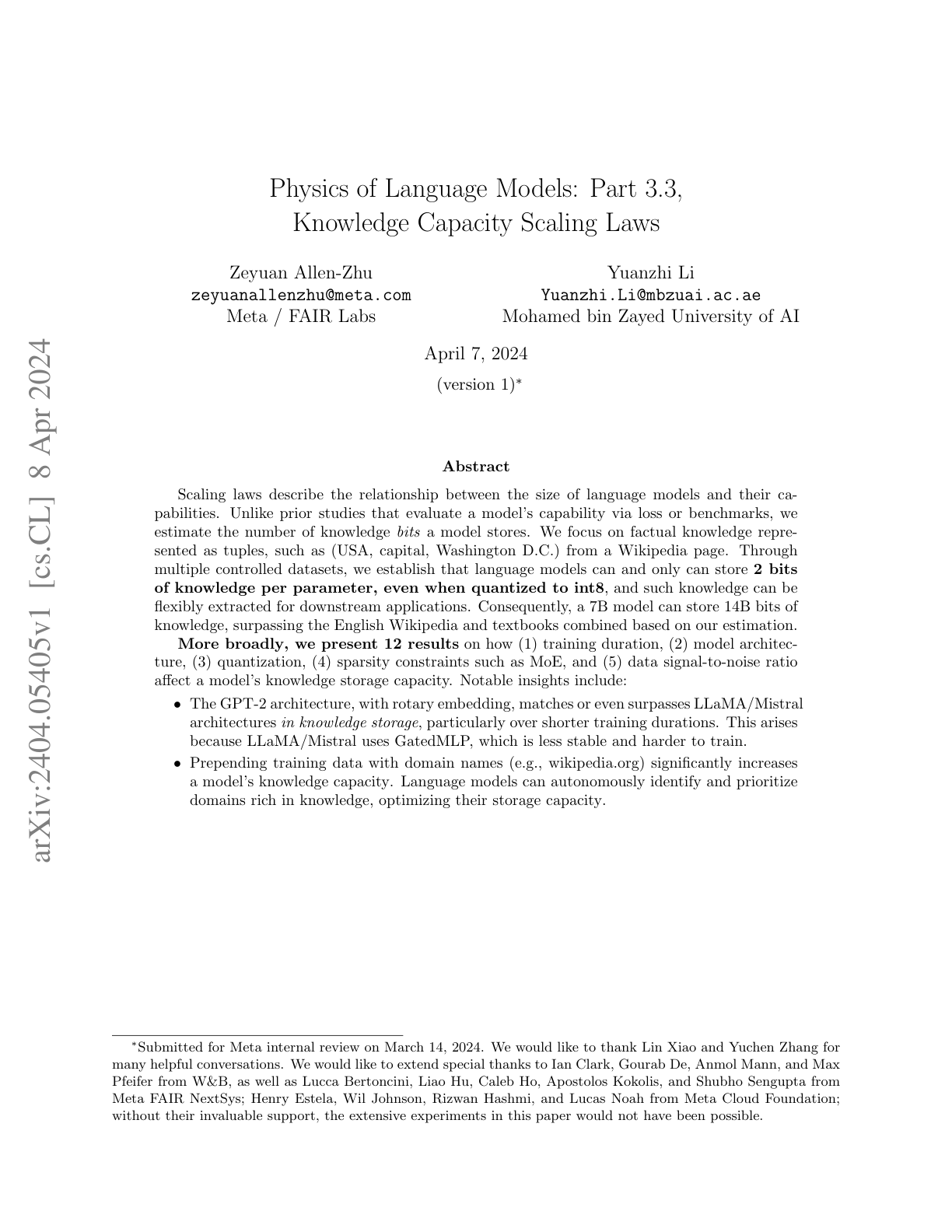 The Physics of Language Models