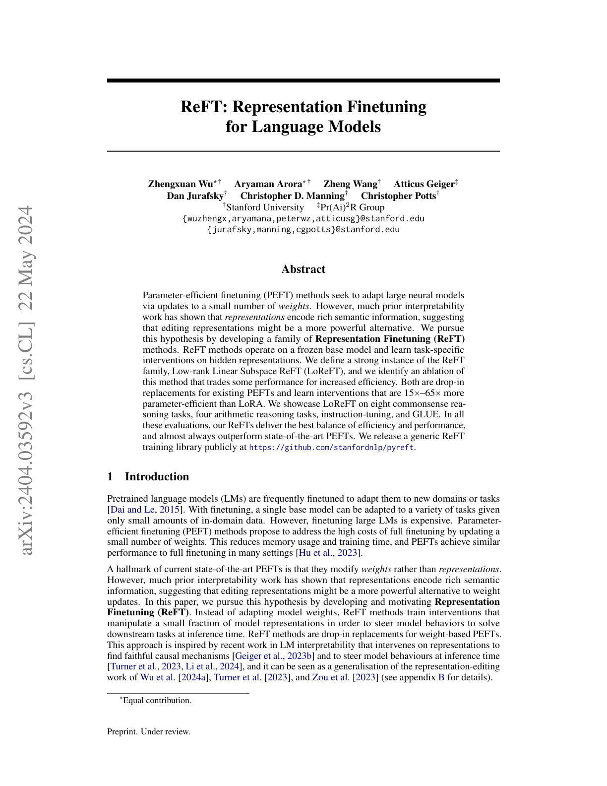 ReFT: Representation Finetuning for LMs