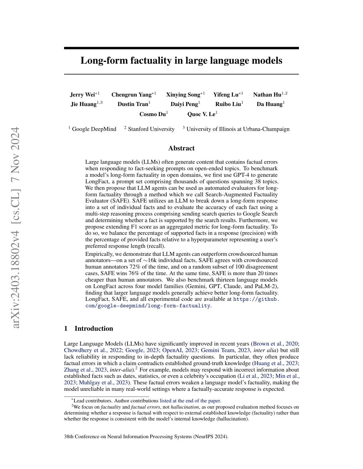 Long-form factuality in LLMs
