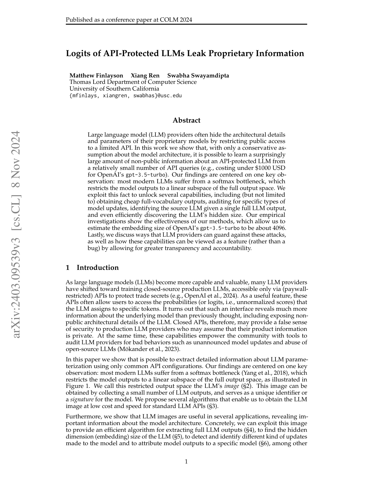 Logits of API-Protected LLMs Leak Proprietary Information