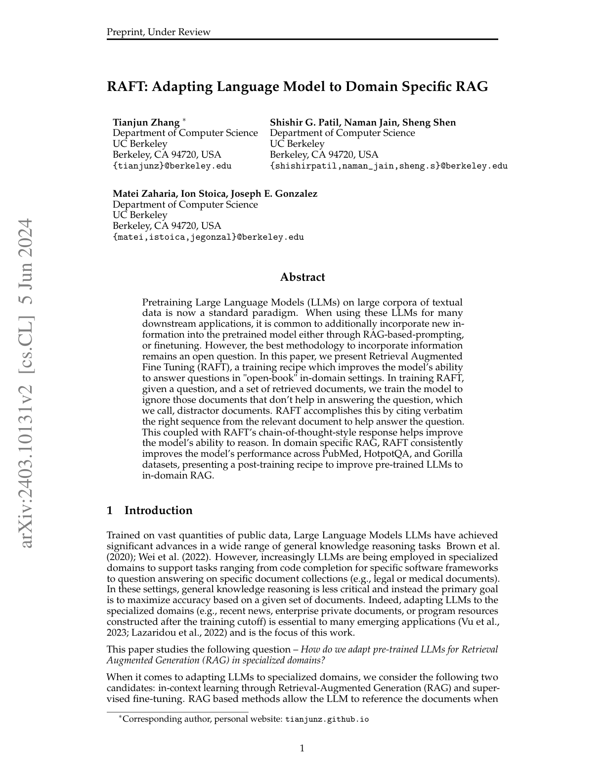 RAFT: Retrieval-Augmented Fine-Tuning