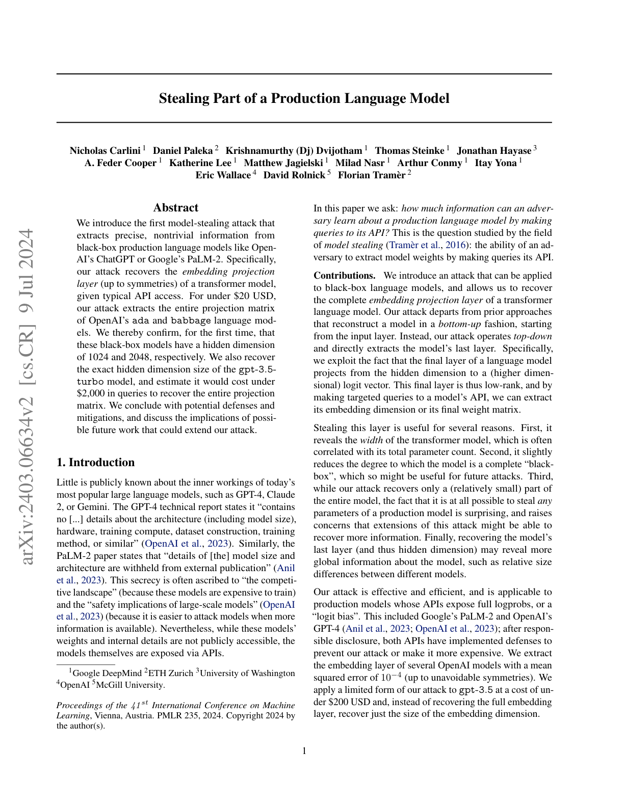 Stealing Part of a Production Language Model