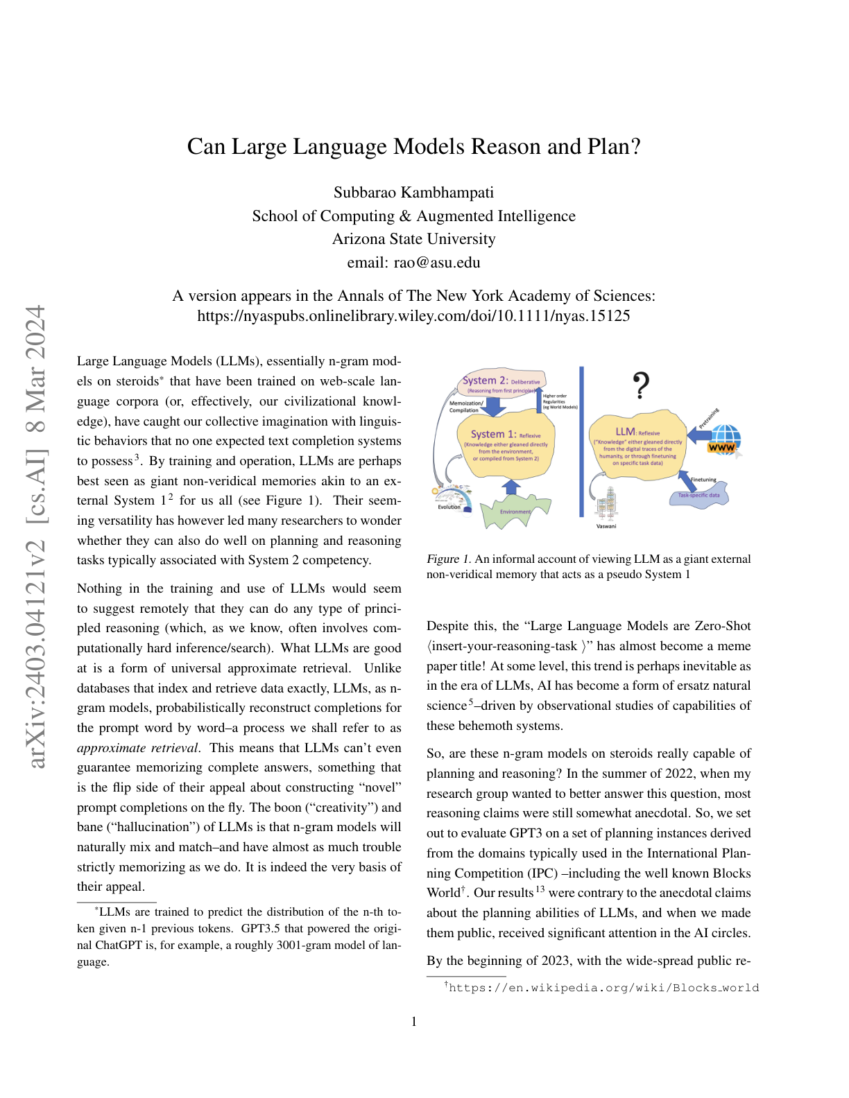 Can LLMs Reason and Plan?