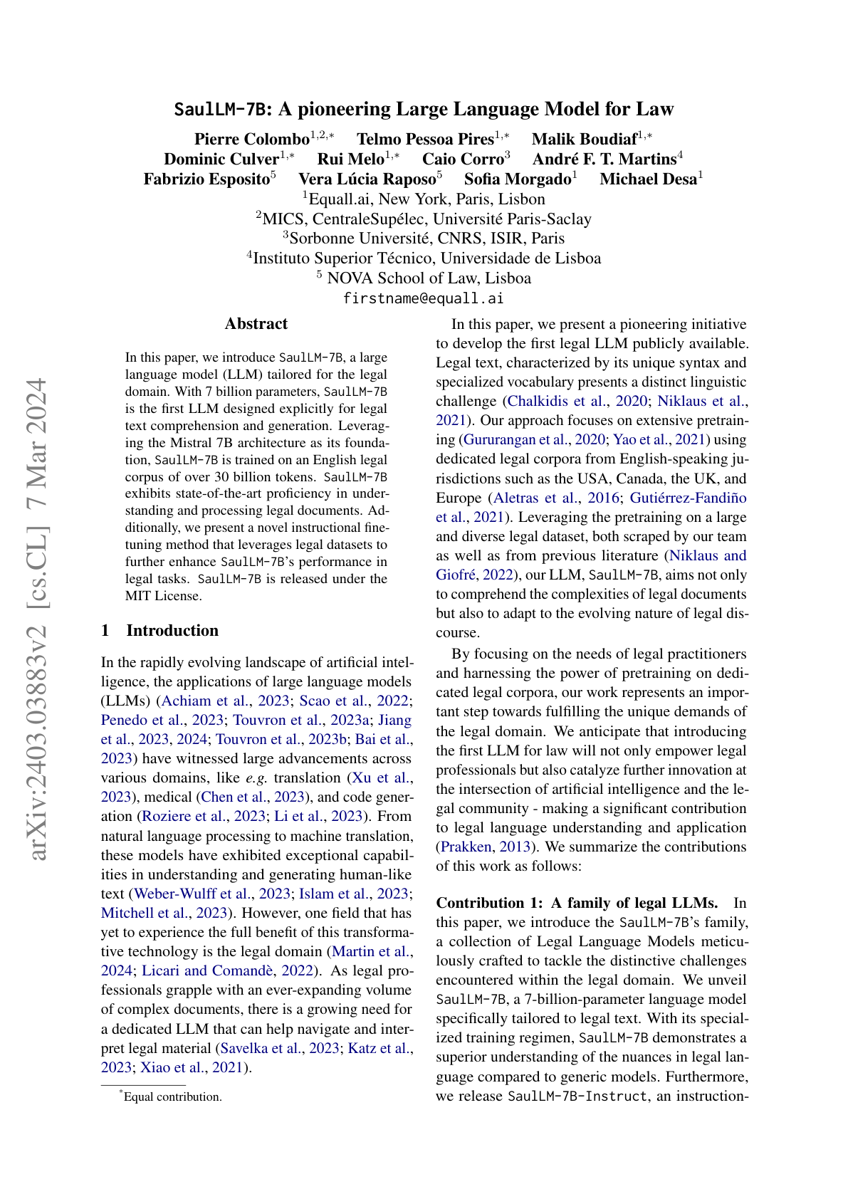 SaulLM-7B: LLM for Law