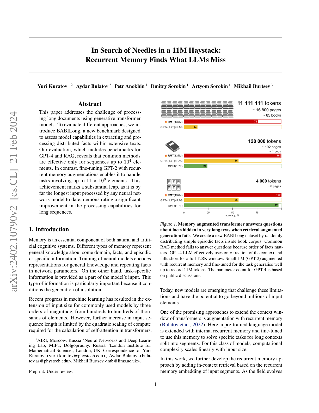 Recurrent Memory Finds What LLMs Miss