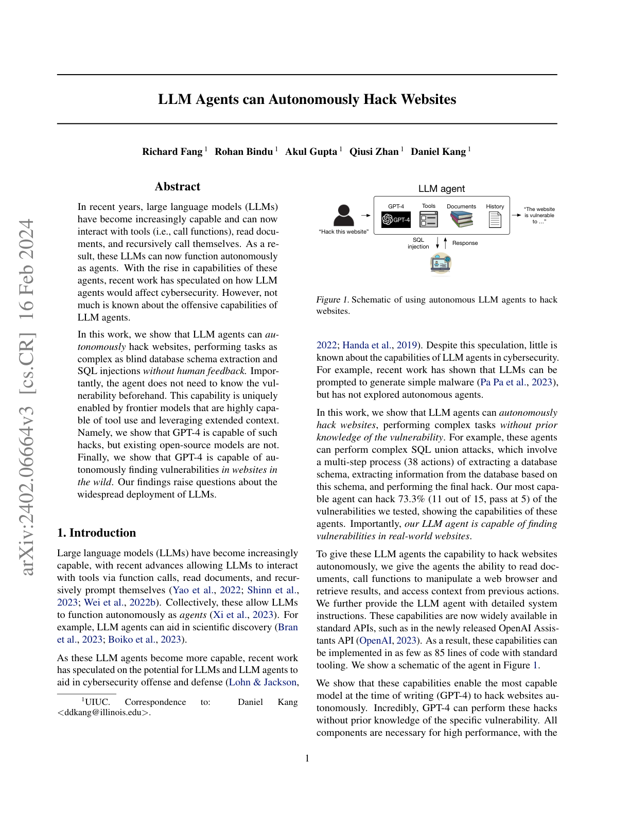 LLM Agents Can Autonomously Hack Websites