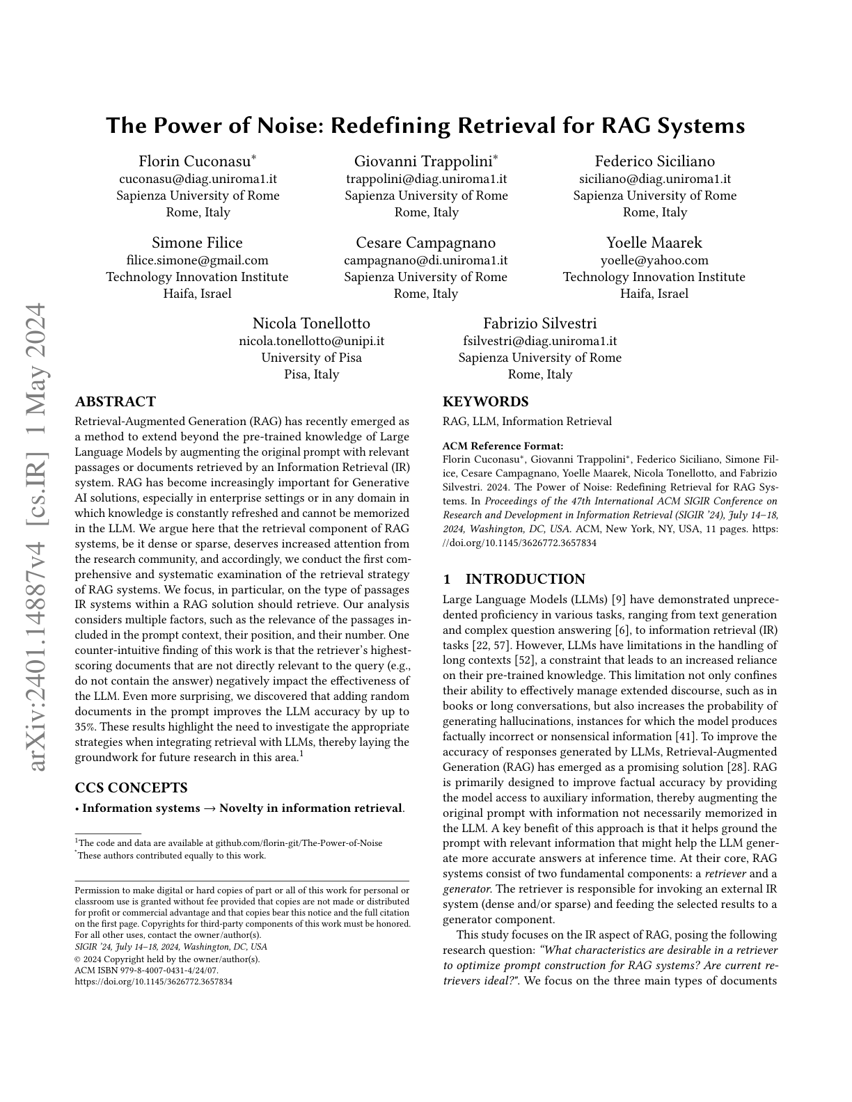 The Power of Noise: Redefining Retrieval in RAG