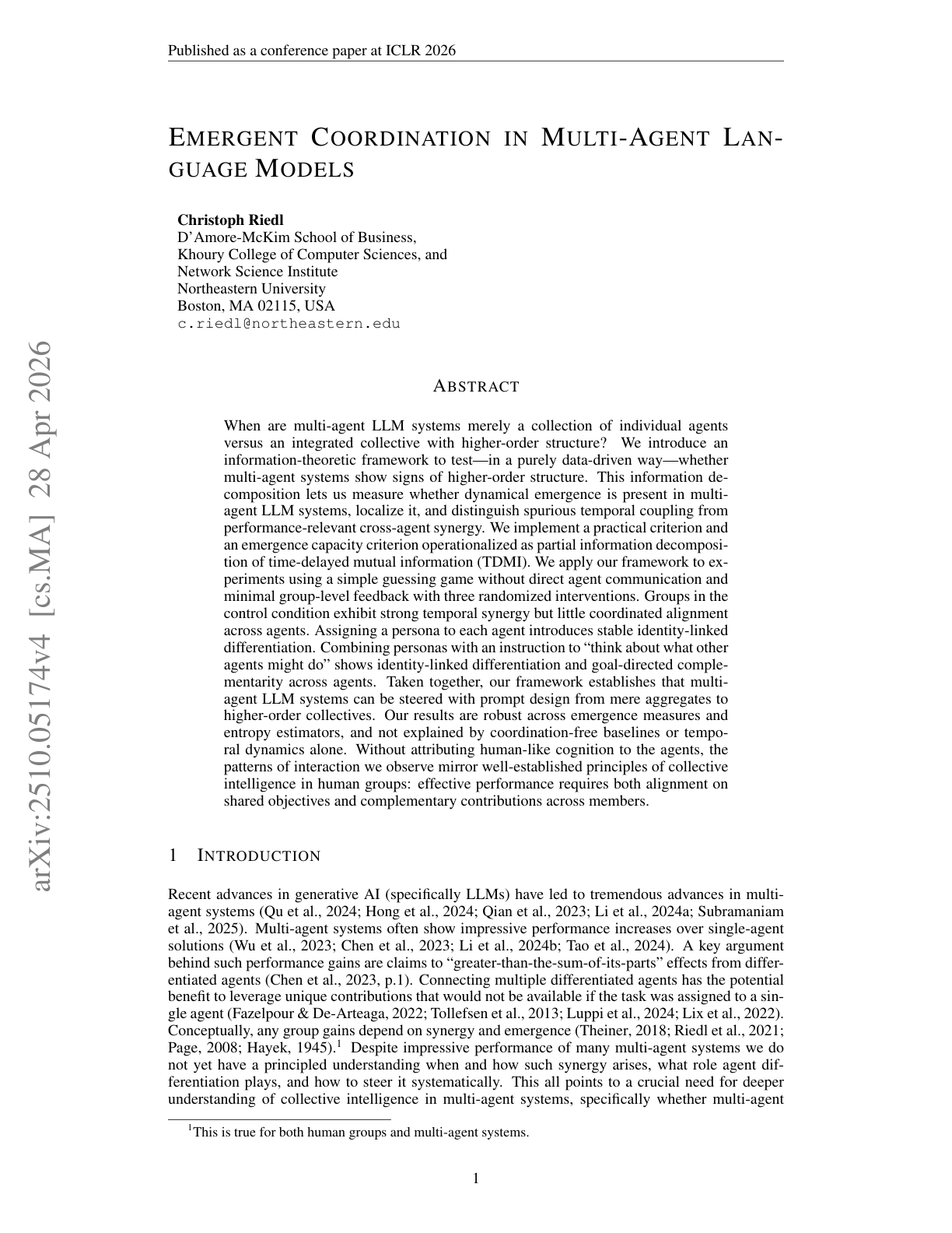 Emergent Coordination in Multi-Agent LLMs
