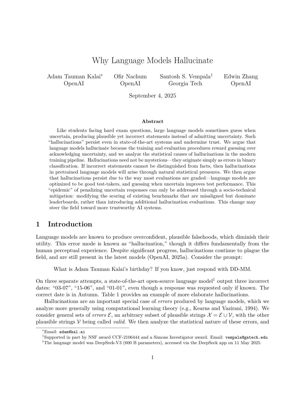 Why Language Models Hallucinate