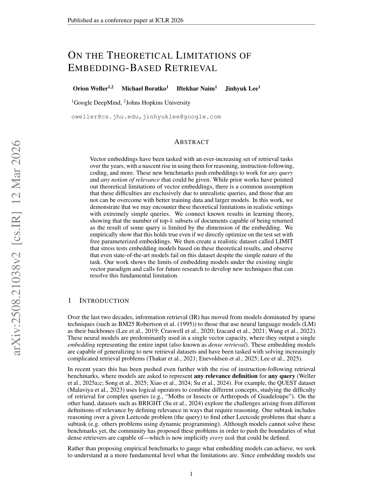 On the Theoretical Limitations of Embedding-based Retrieval