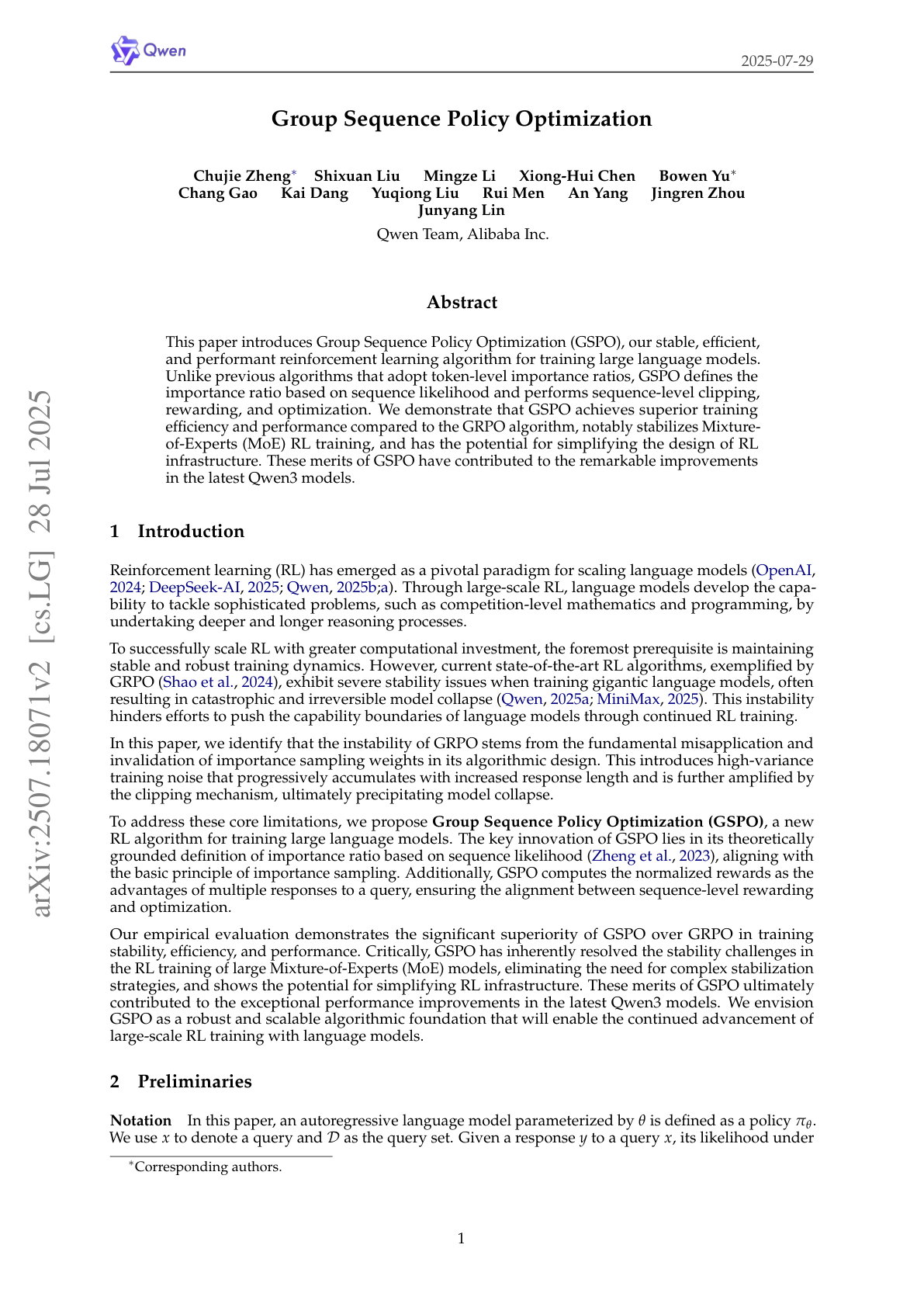 Group Sequence Policy Optimization