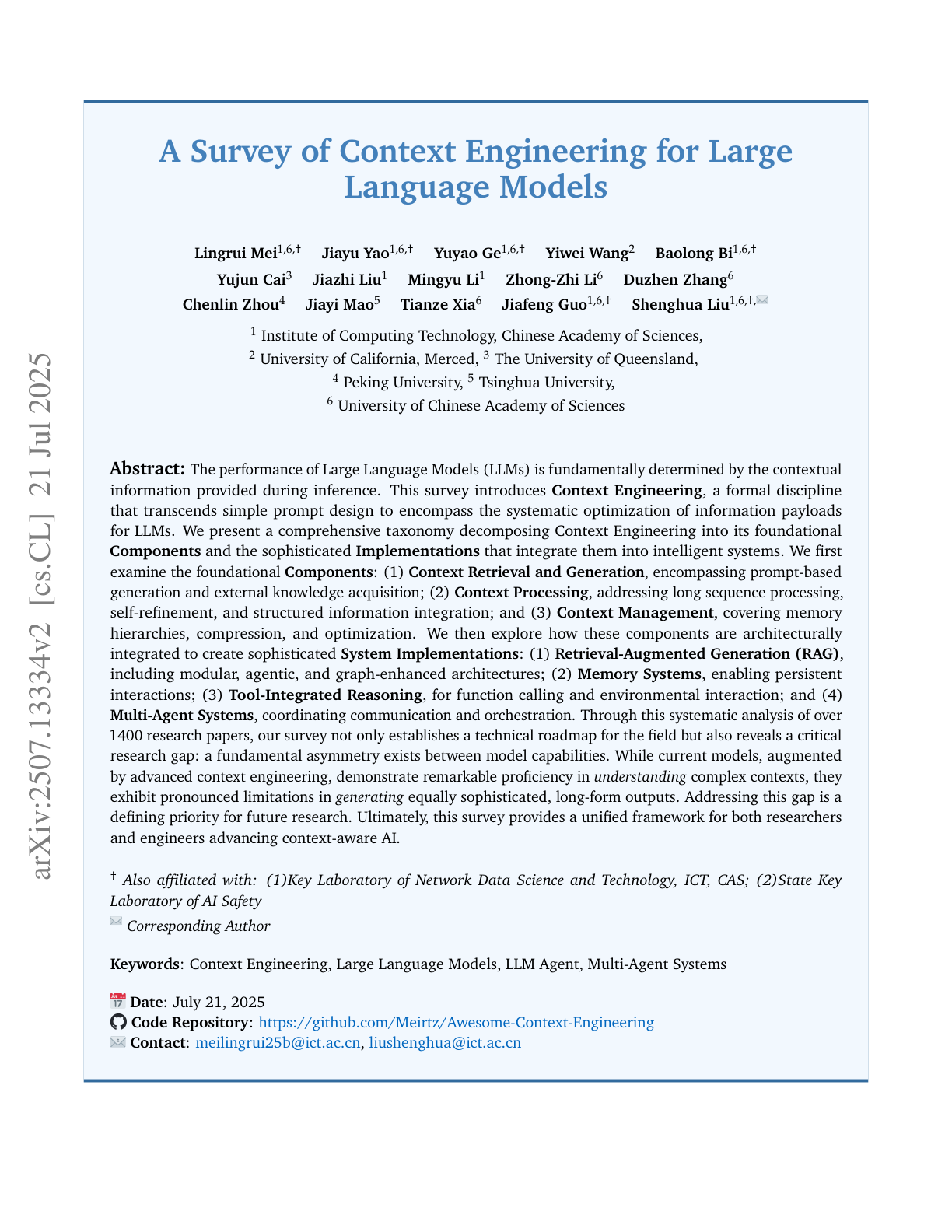 A Survey of Context Engineering for LLMs
