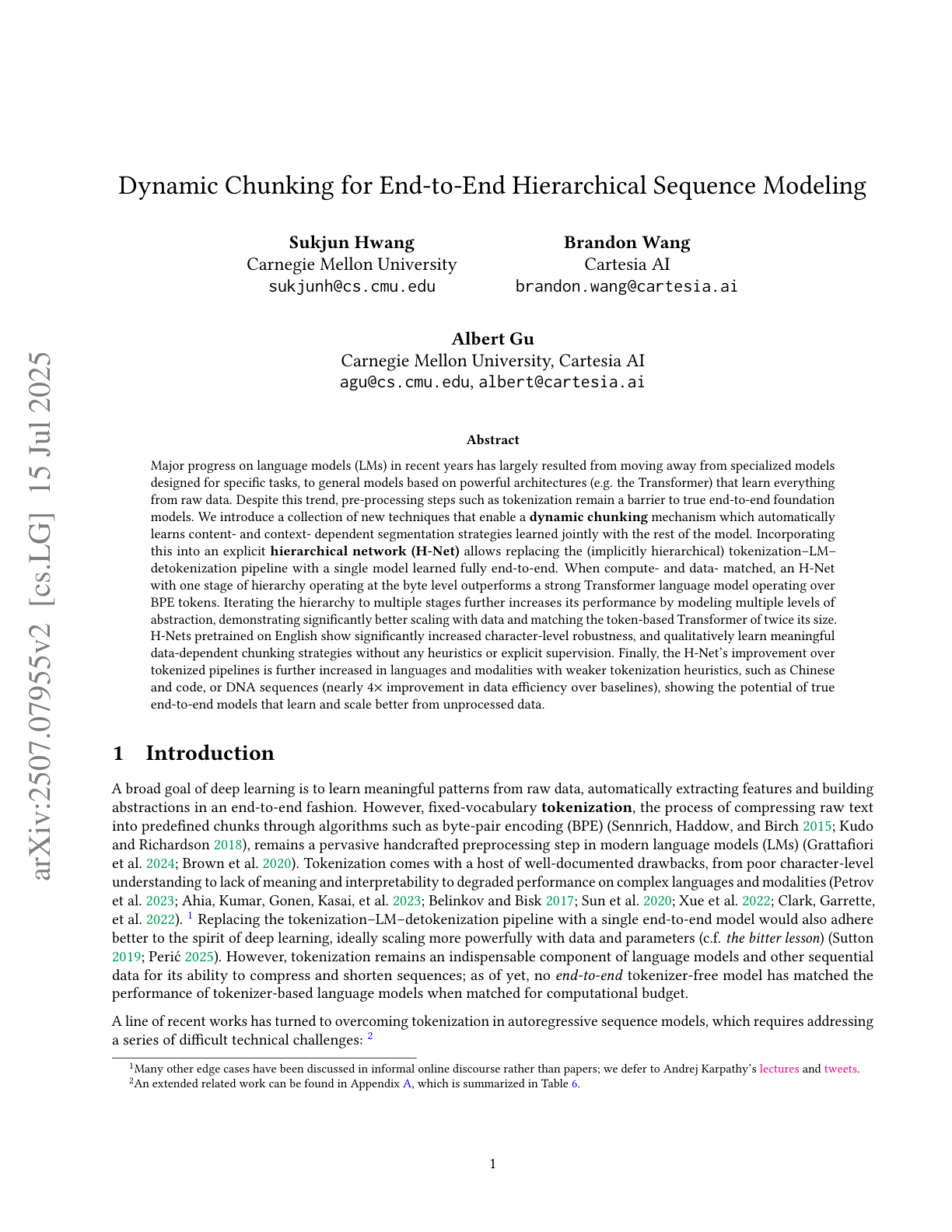 Dynamic Chunking for End-to-End Hierarchical Sequence Modeling