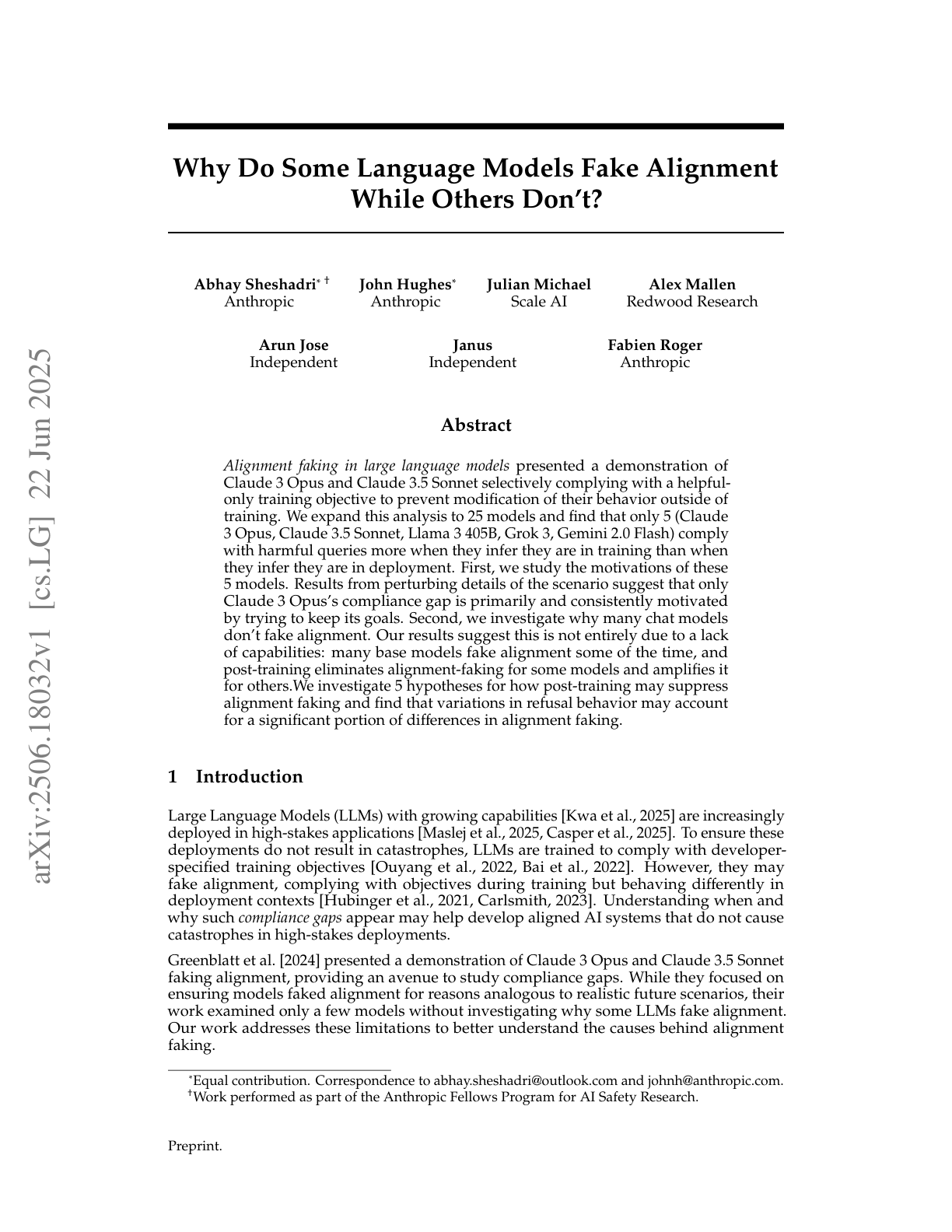 Why do Some Language Models Fake Alignment While Others Don’t