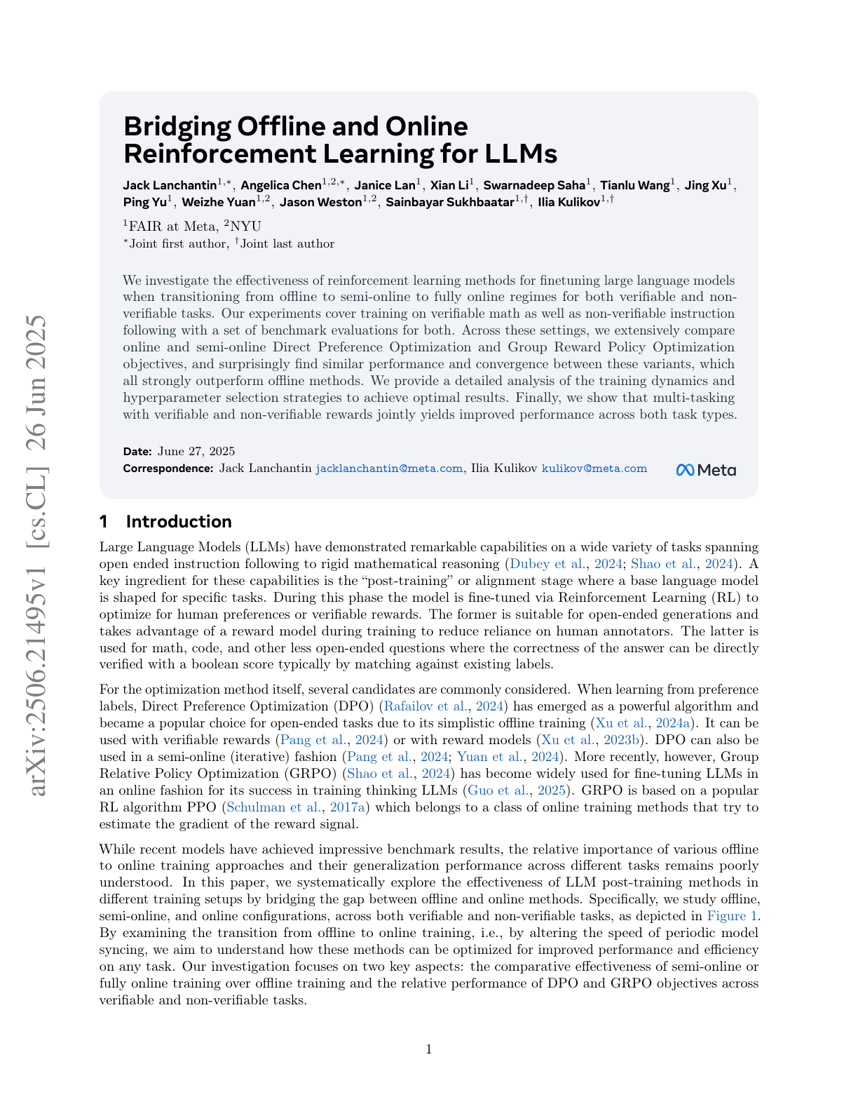 Bridging Offline and Online Reinforcement Learning for LLMs