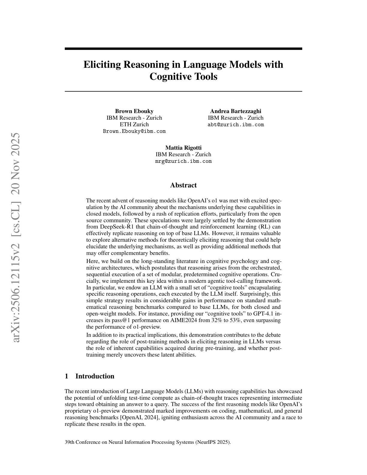 Eliciting Reasoning with Cognitive Tools