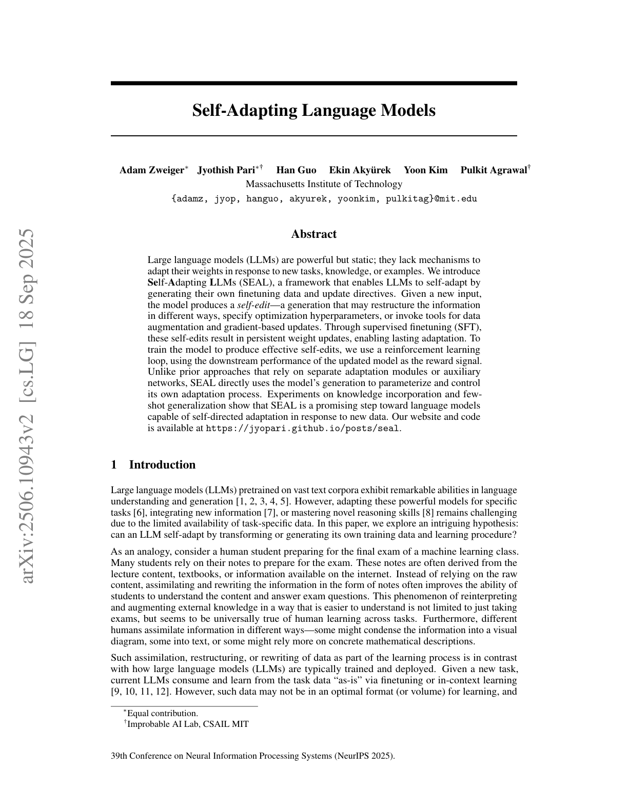 Self-Adapting Language Models