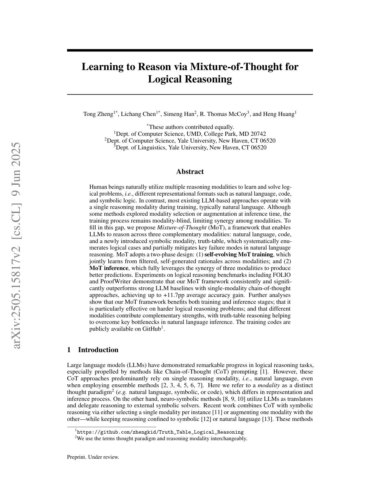 Learn to Reason via Mixture-of-Thought