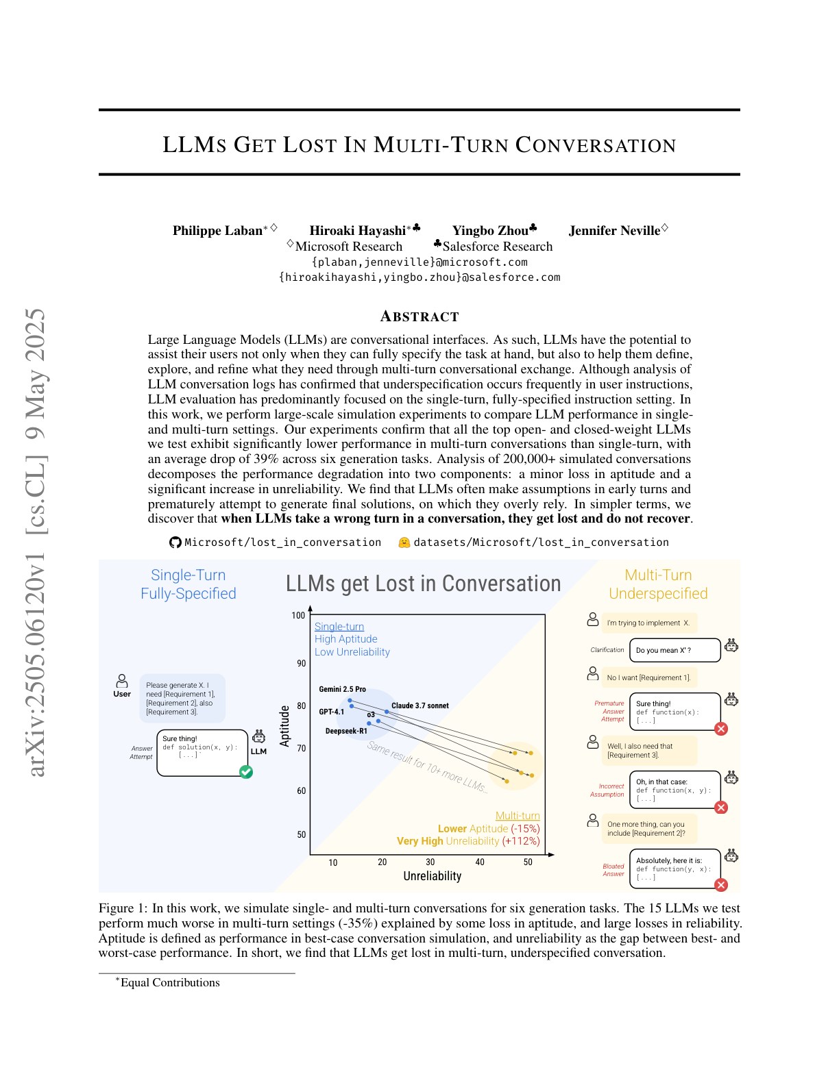 LLMs Get Lost in Multi-Turn Conversation