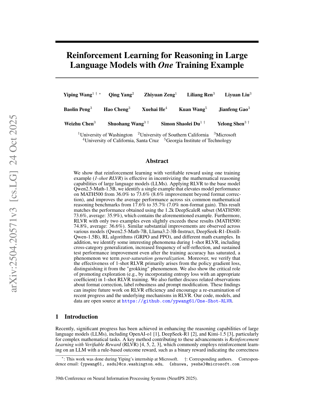 RL for Reasoning in LLMs with One Training Example