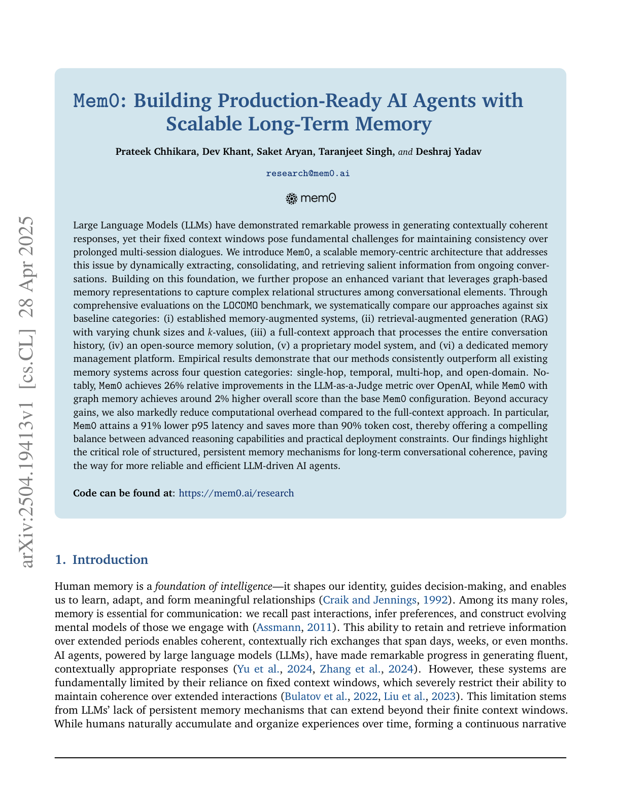 Building Production-Ready AI Agents with Scalable Long-Term Memory