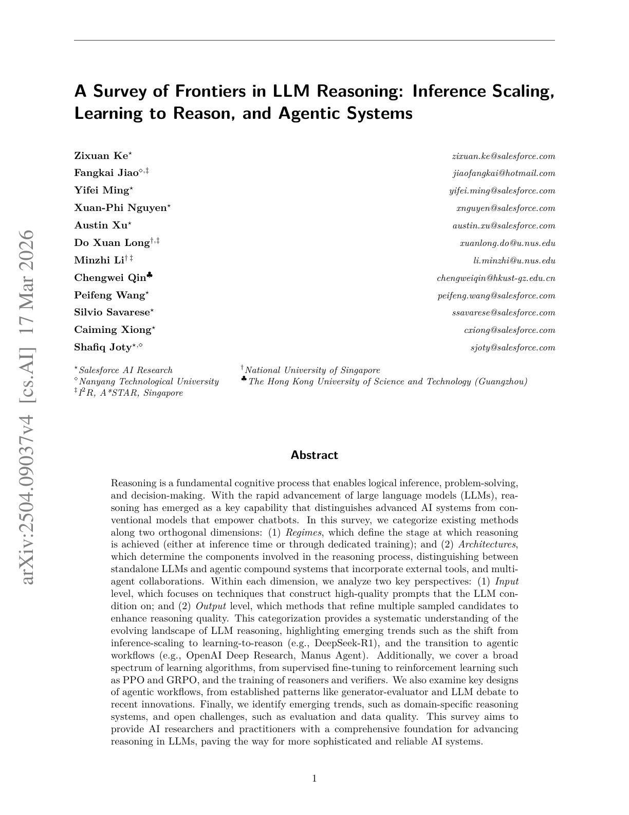 A Survey of Frontiers in LLM Reasoning