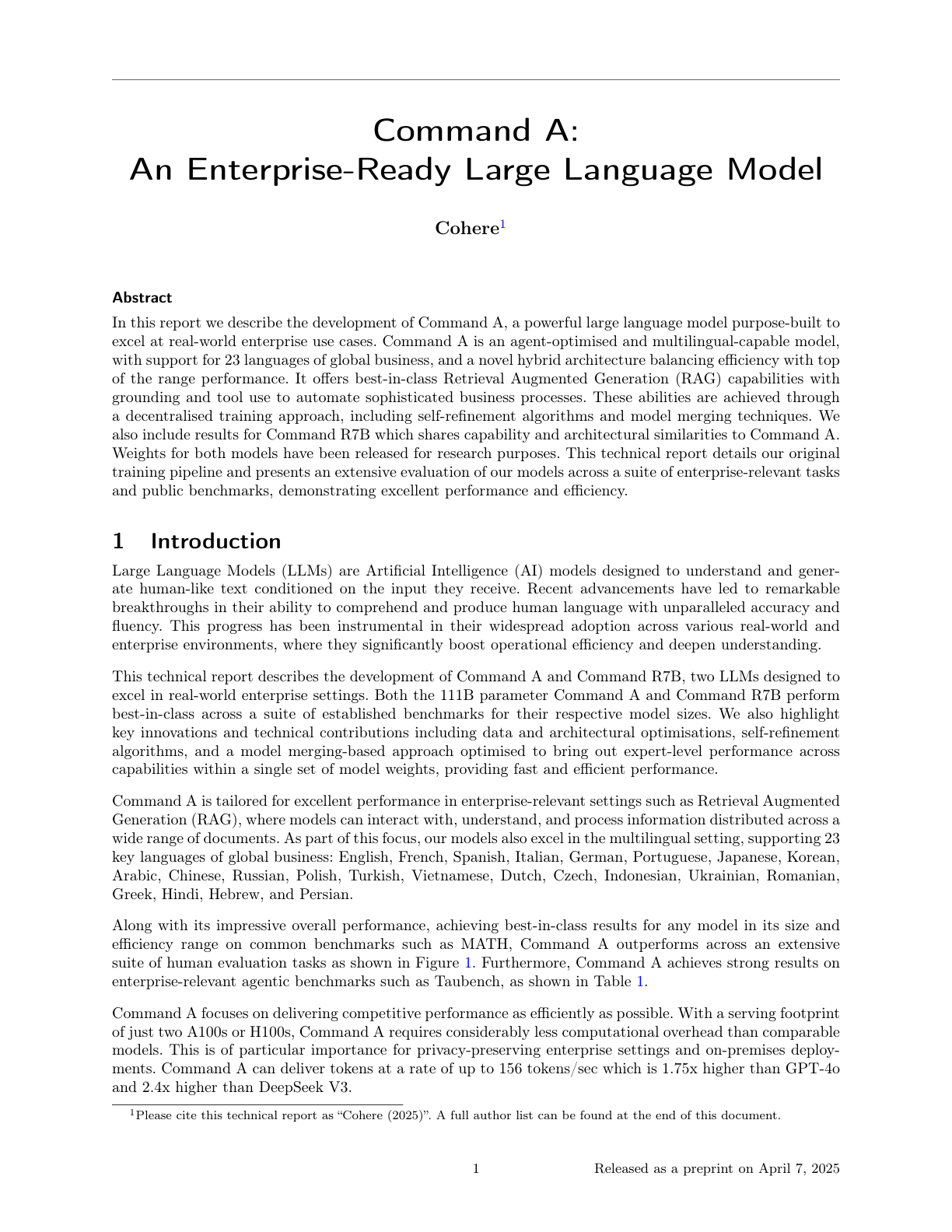 Command A: An Enterprise-Ready LLM