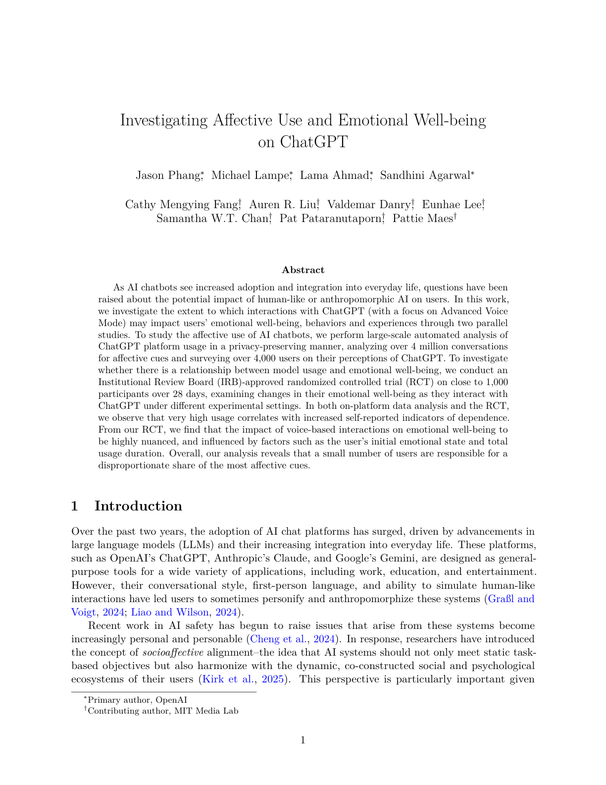 Investigating Affective Use and Emotional Well-being on ChatGPT