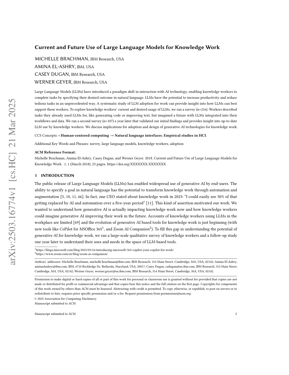 Current and Future Use of LLMs for Knowledge Work