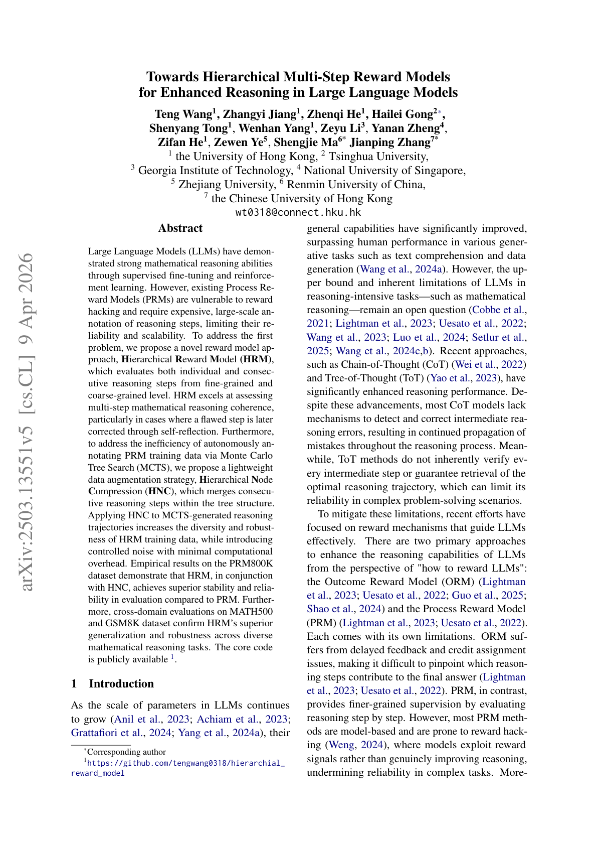 Towards Hierarchical Multi-Step Reward Models for Enhanced Reasoning in LLMs