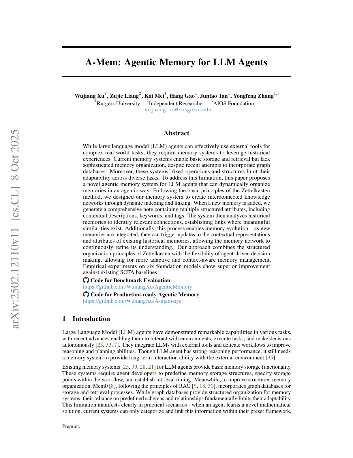 Agentic Memory for LLM Agents