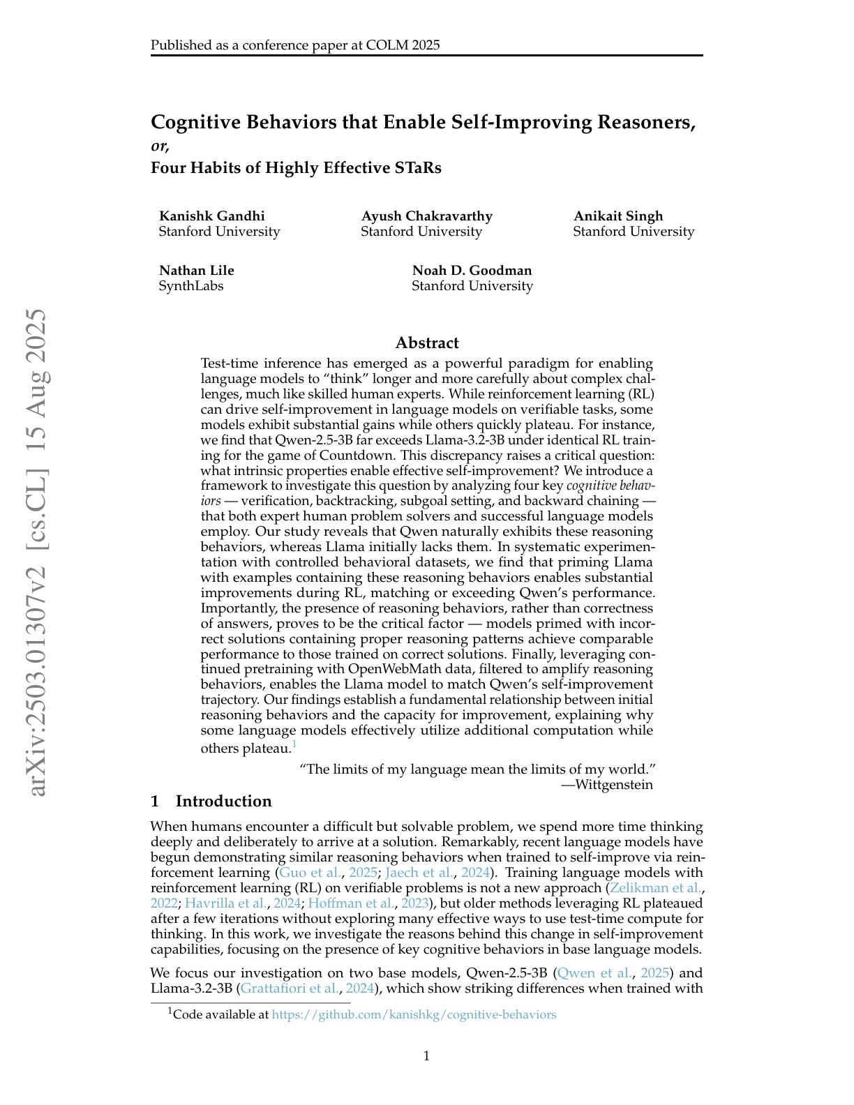 Cognitive Behaviors that Enable Self-Improving Reasoners