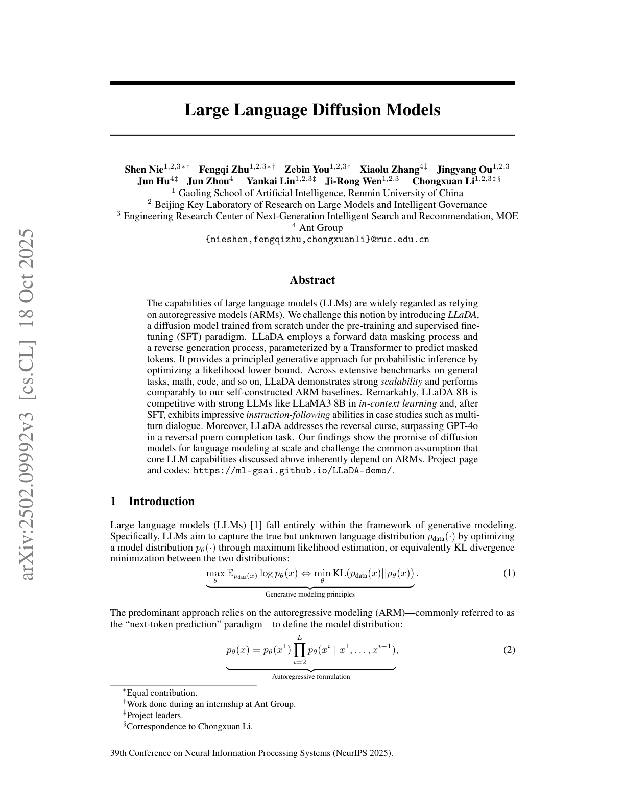 Large Language Diffusion Model