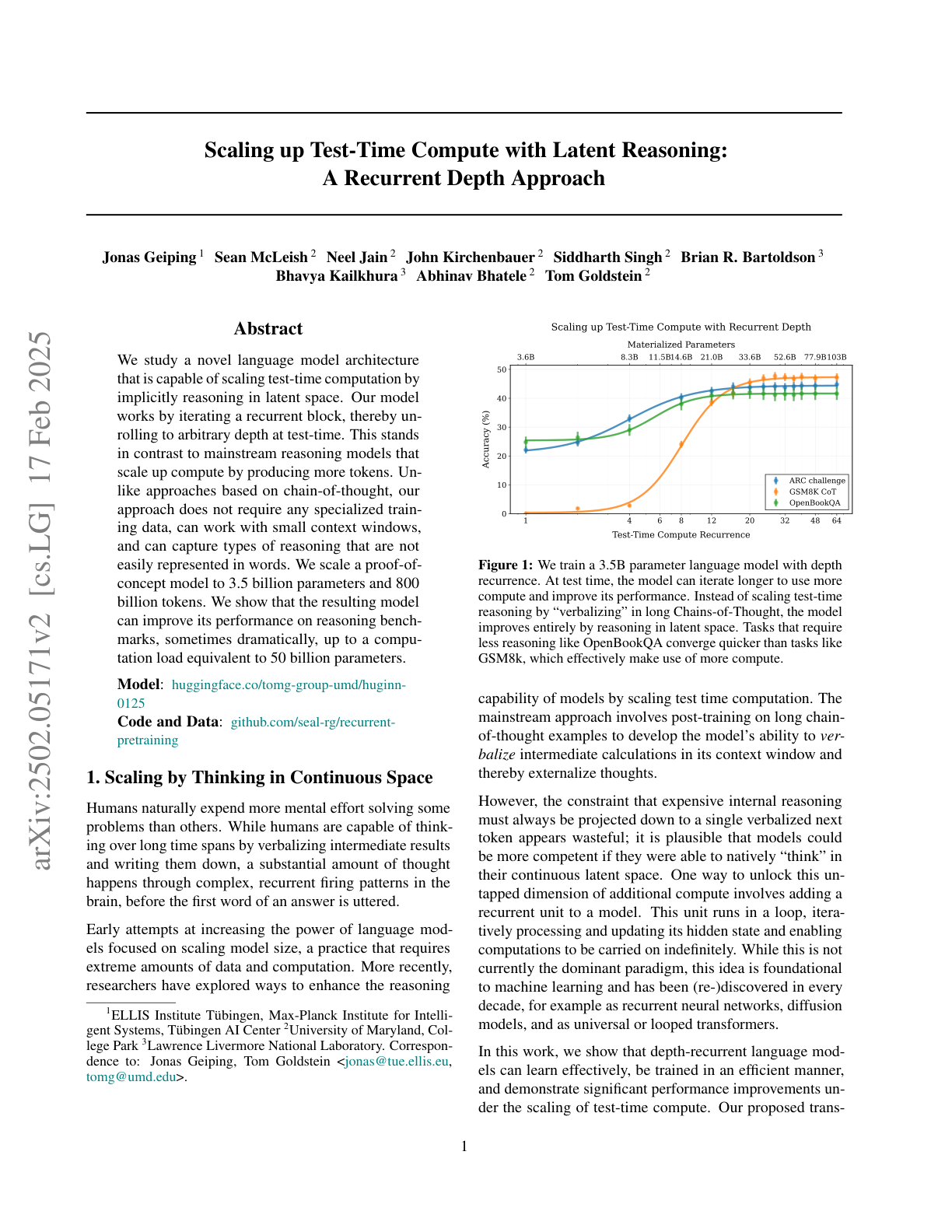 Scaling up Test-Time Compute with Latent Reasoning