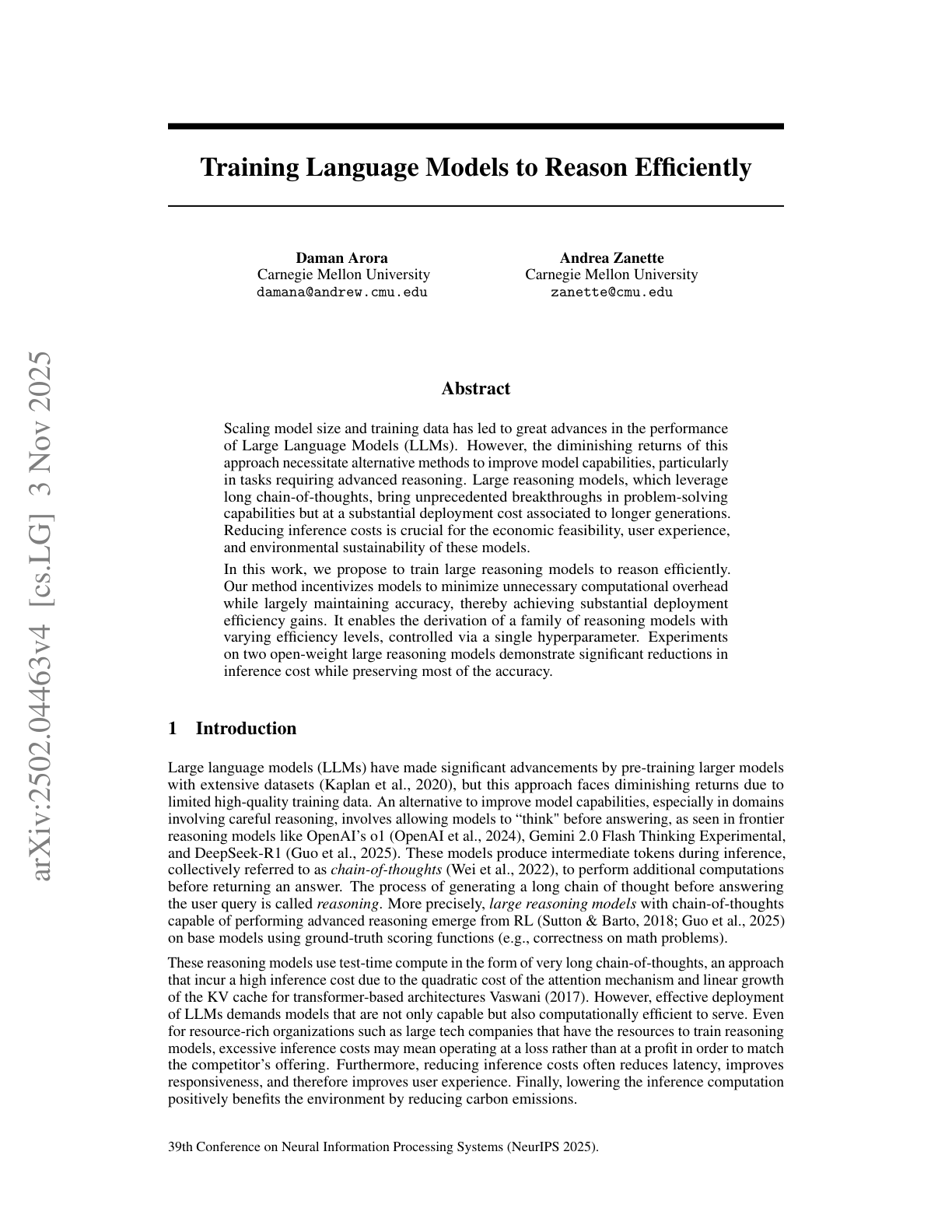 Training Language Models to Reason Efficiently