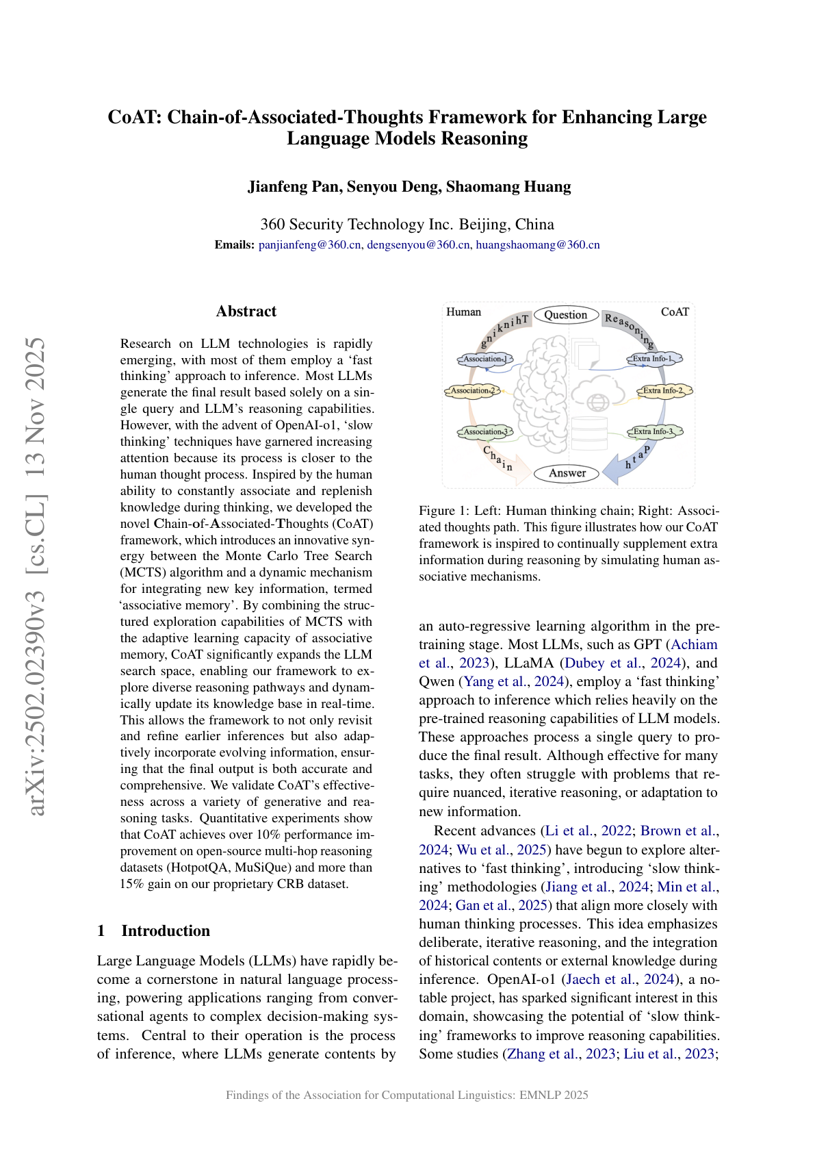 CoAT: Chain-of-Associated-Thoughts for LLM Reasoning
