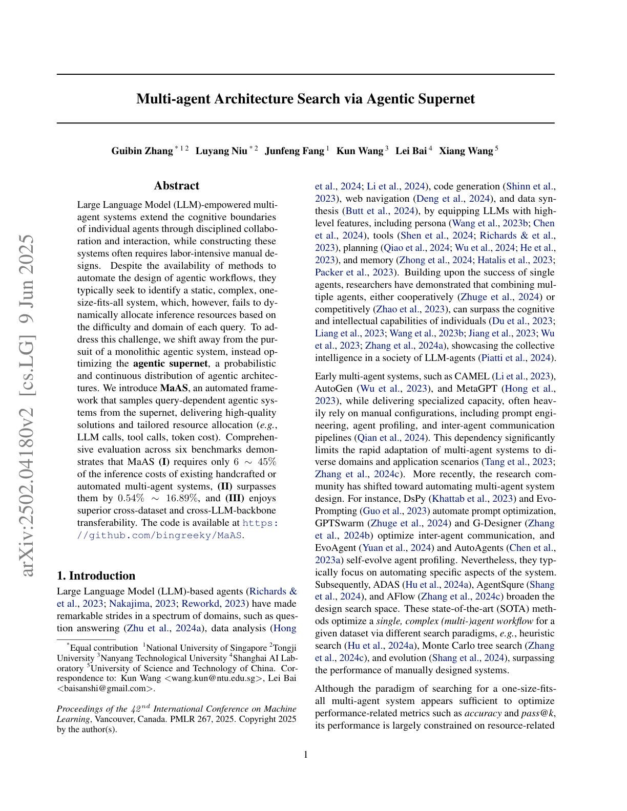 MaAS: Multi-agent Architecture Search (Agentic Supernet)